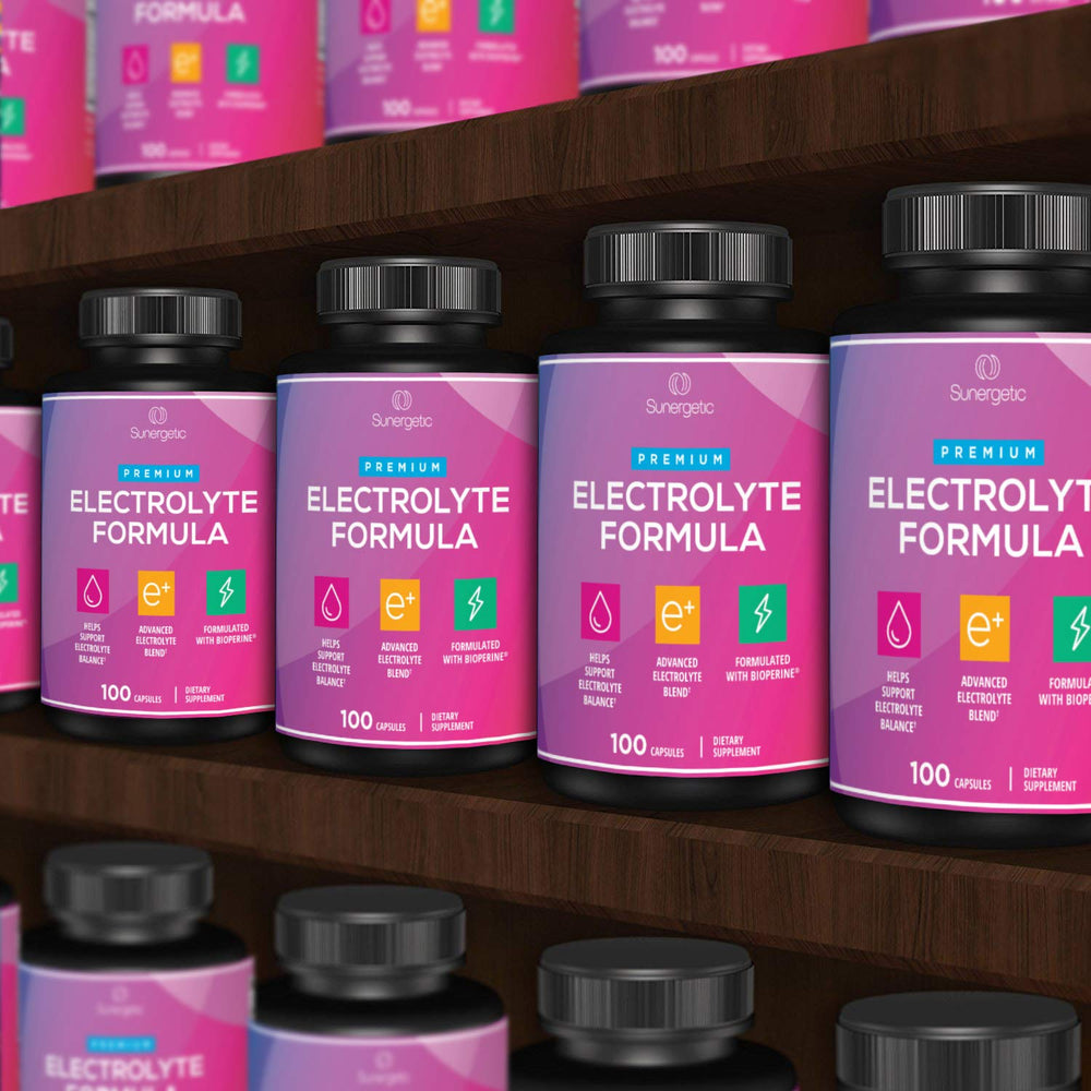 Sunergetic electrolyte capsules on a shelf for daily recovery routine