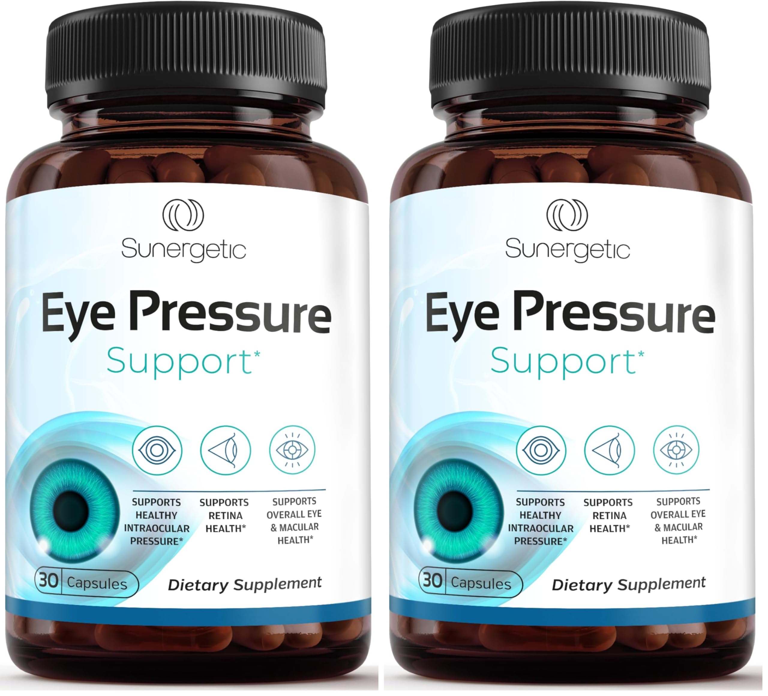 Sunergetic eye pressure supplement bottle for daily ocular support.