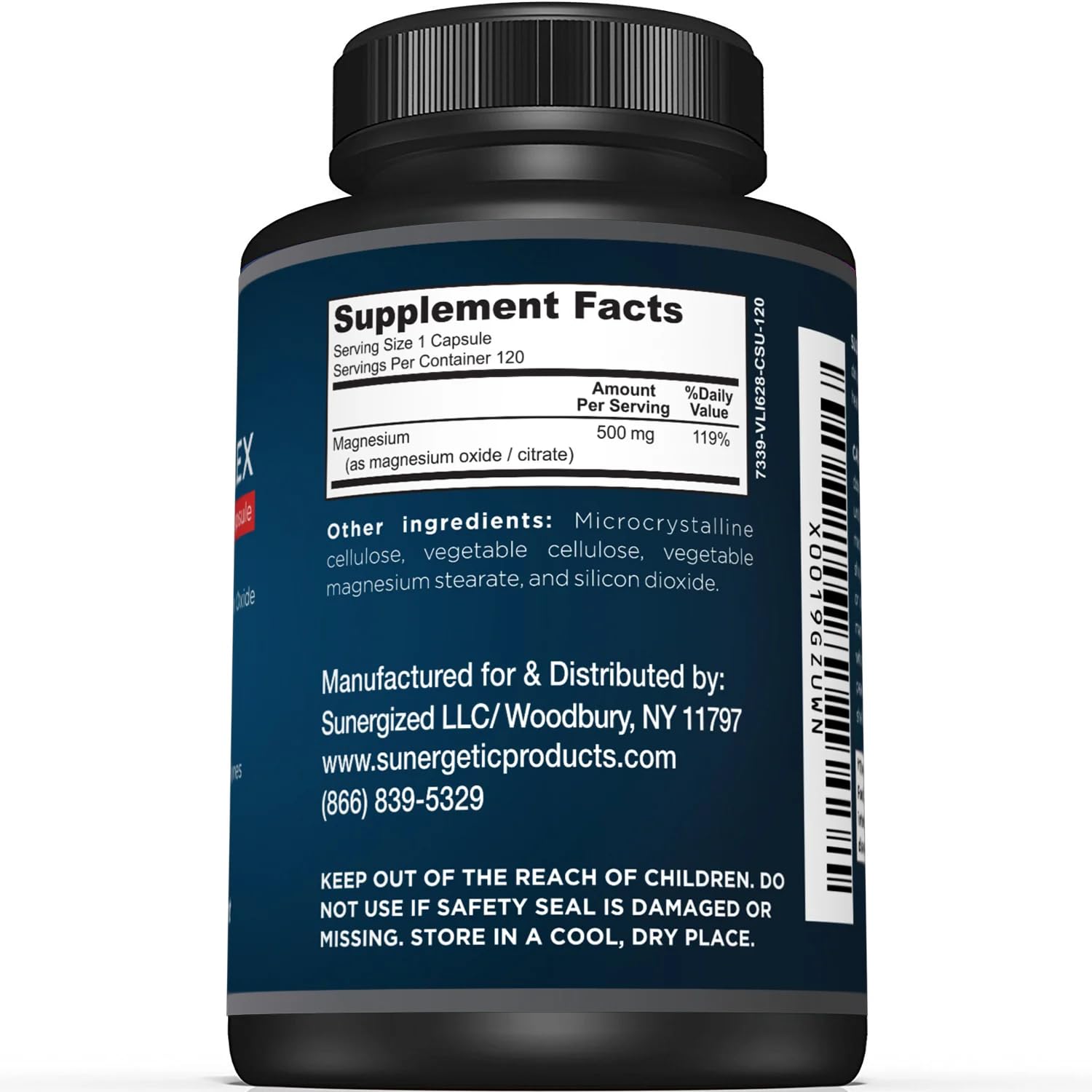 Sunergetic magnesium oxide citrate blend bottle, powerful 500 mg per capsule.