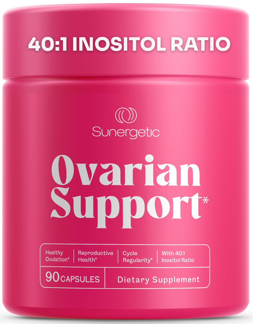Sunergetic ovarian health supplement bottle for balanced hormones and healthier cycles.