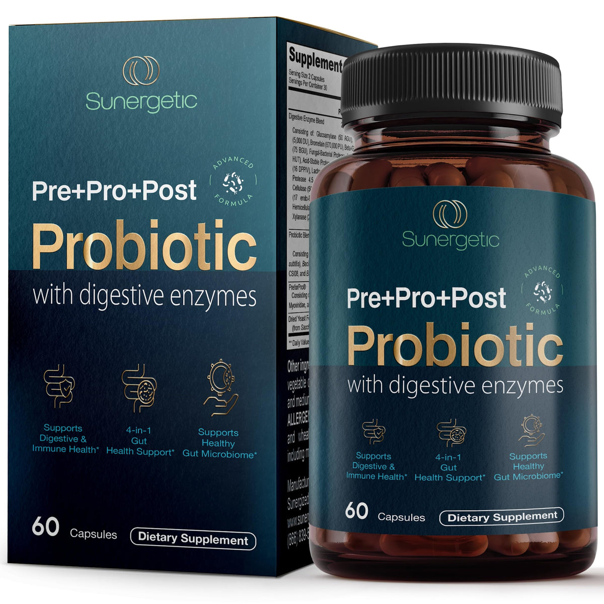 Sunergetic Premium 4-in-1 probiotic bottle for daily gut support.