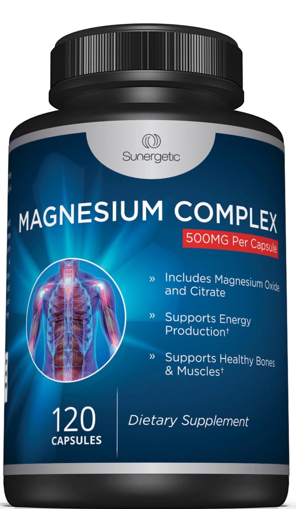 Sunergetic Magnesium Citrate capsules in bottle, easy daily support.