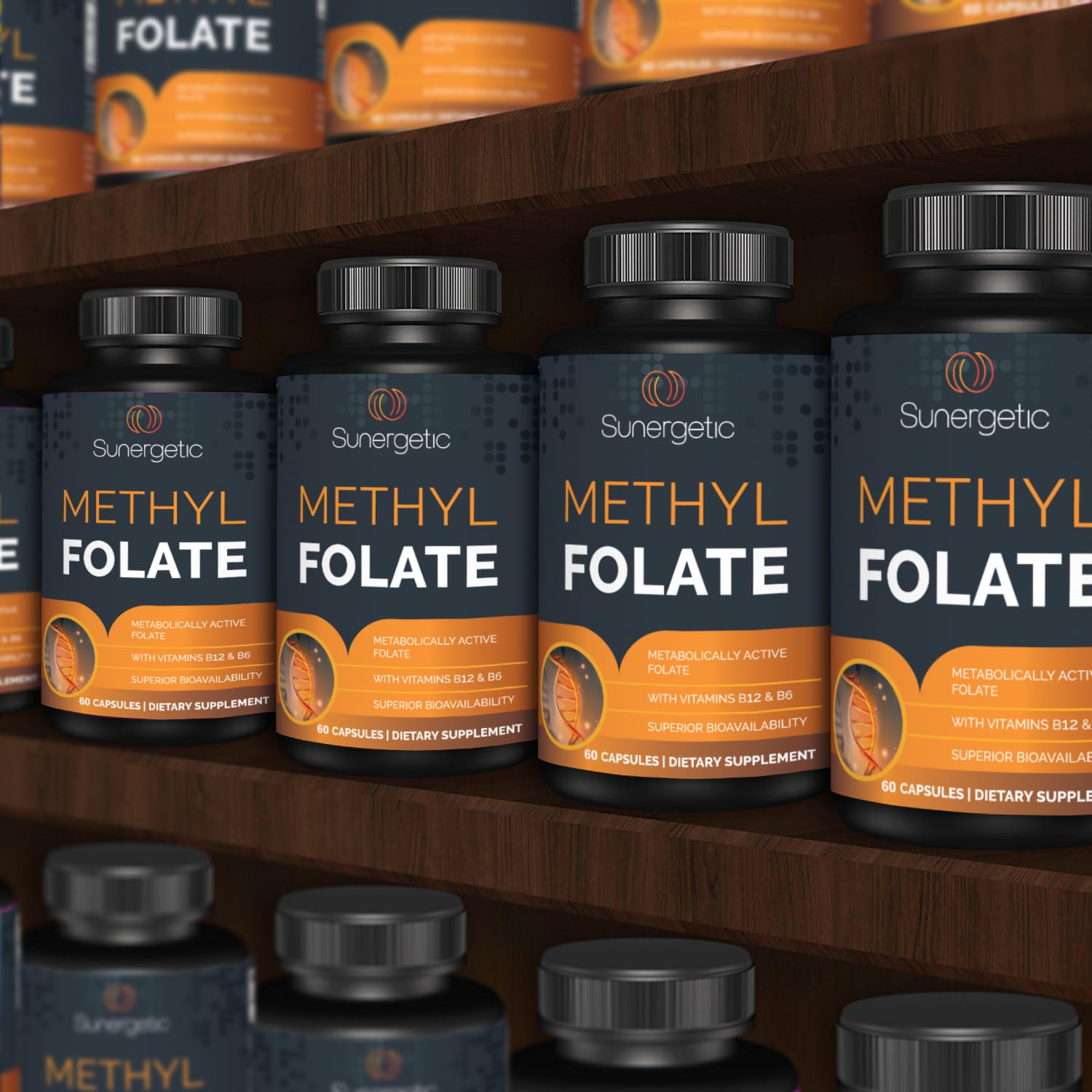 Bottle label image featuring Sunergetic Methyl Folate facts and ingredients