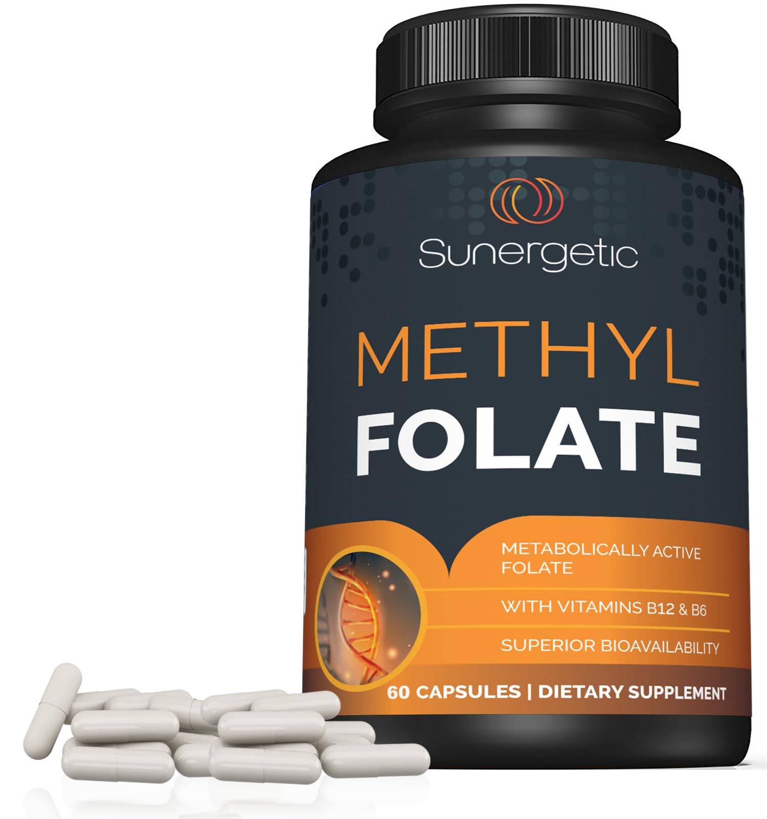 Nutrition panel highlights 400 mcg methylfolate, 500 mcg B12, 8 mg B6