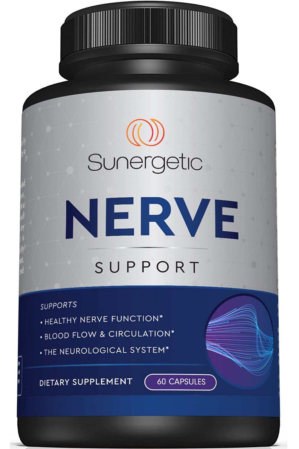 Sunergetic Premium Nerve Support bottle with capsules promotes daily nerve comfort.