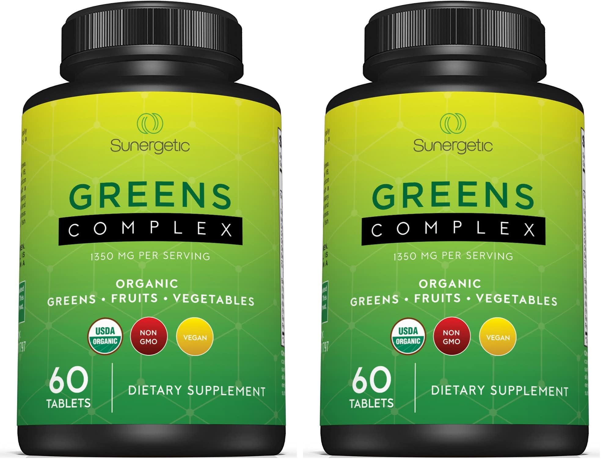 Sunergetic Premium Greens Tablets front pack with USDA Organic seal for daily support