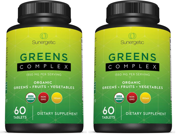 Sunergetic Premium Greens Tablets front pack with USDA Organic seal for daily support