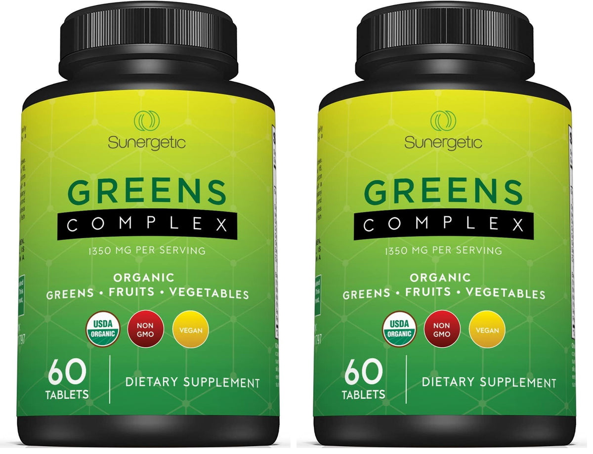 Sunergetic Premium Greens Tablets front pack with USDA Organic seal for daily support
