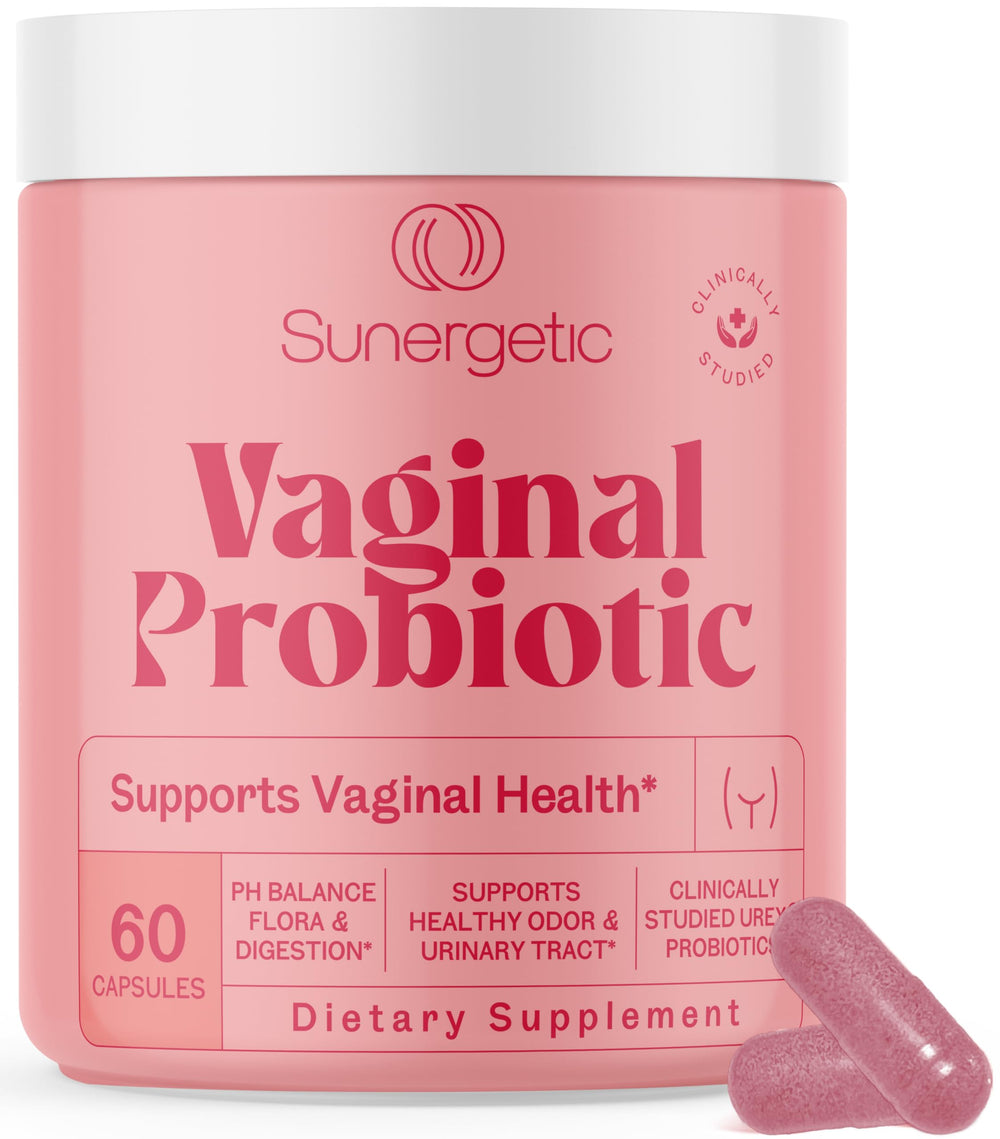 Sunergetic Premium Vaginal Probiotics bottle supports daily feminine health.
