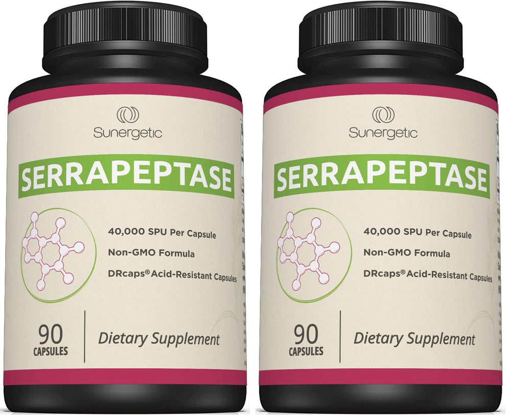 Sunergetic Serrapeptase bottle front view for daily enzyme support.