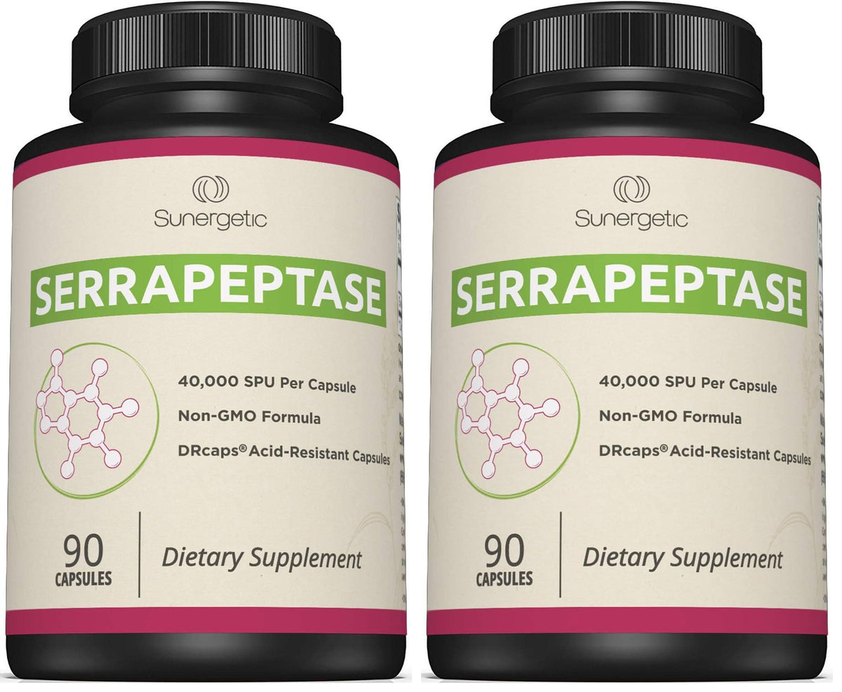 Sunergetic Serrapeptase bottle front view for daily enzyme support.