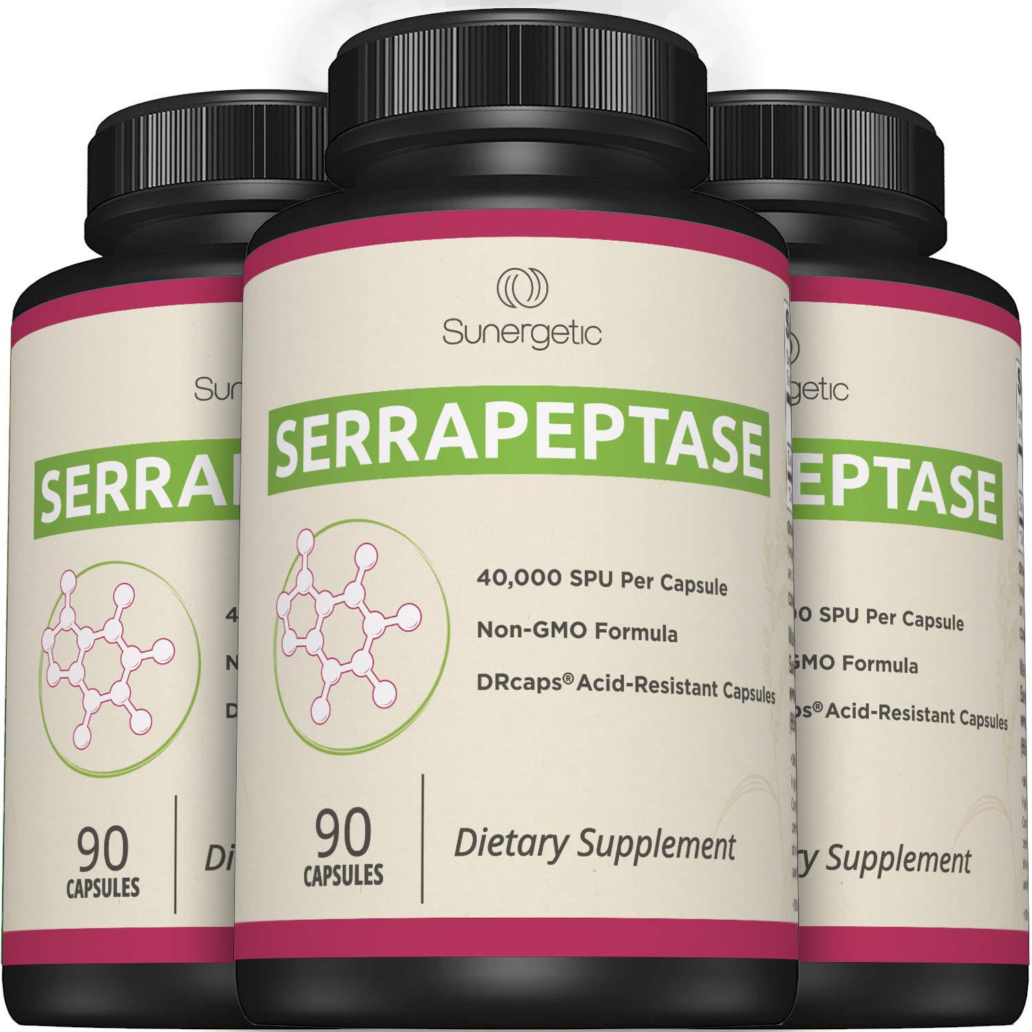 Sunergetic Serrapeptase delayed-release capsule product shot.