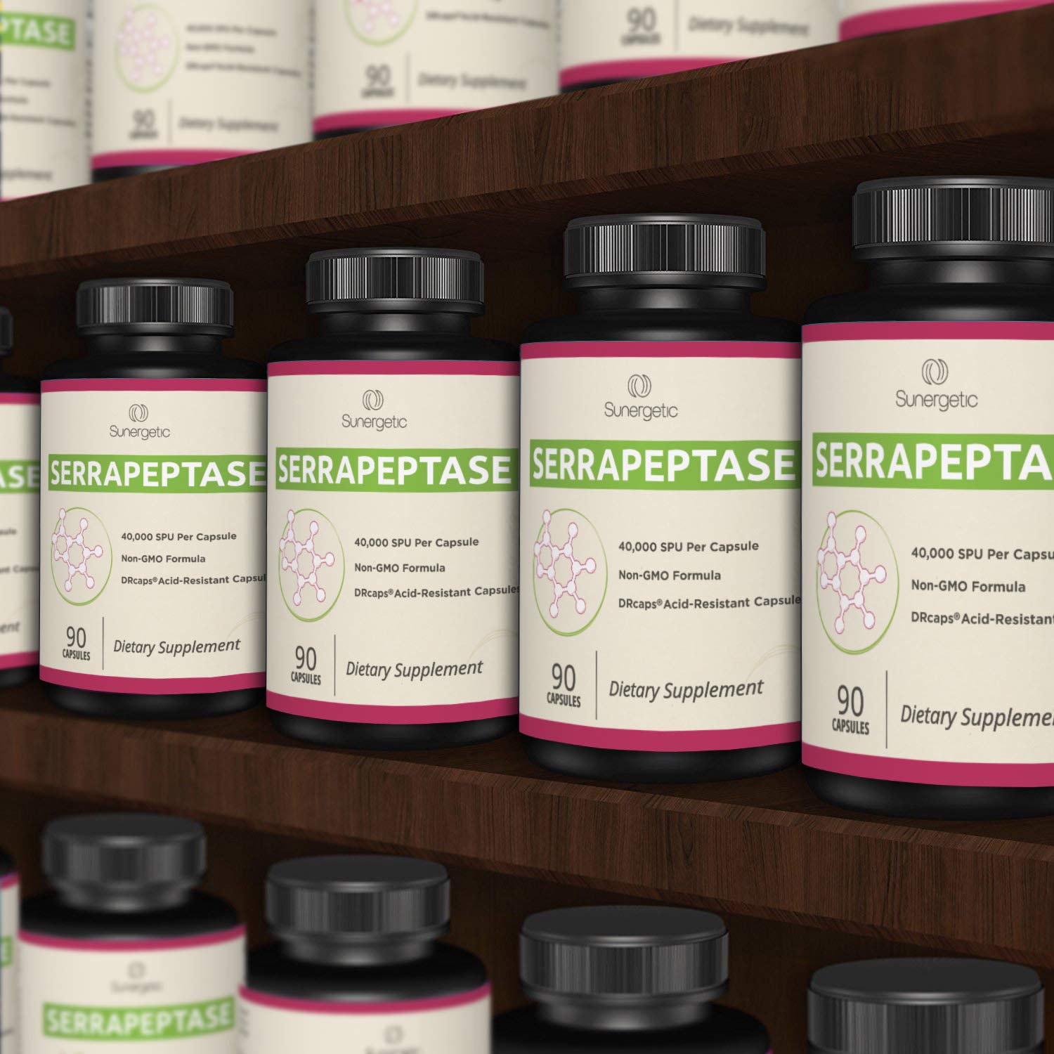 Sunergetic Serrapeptase bottle with GMP compliance badge.