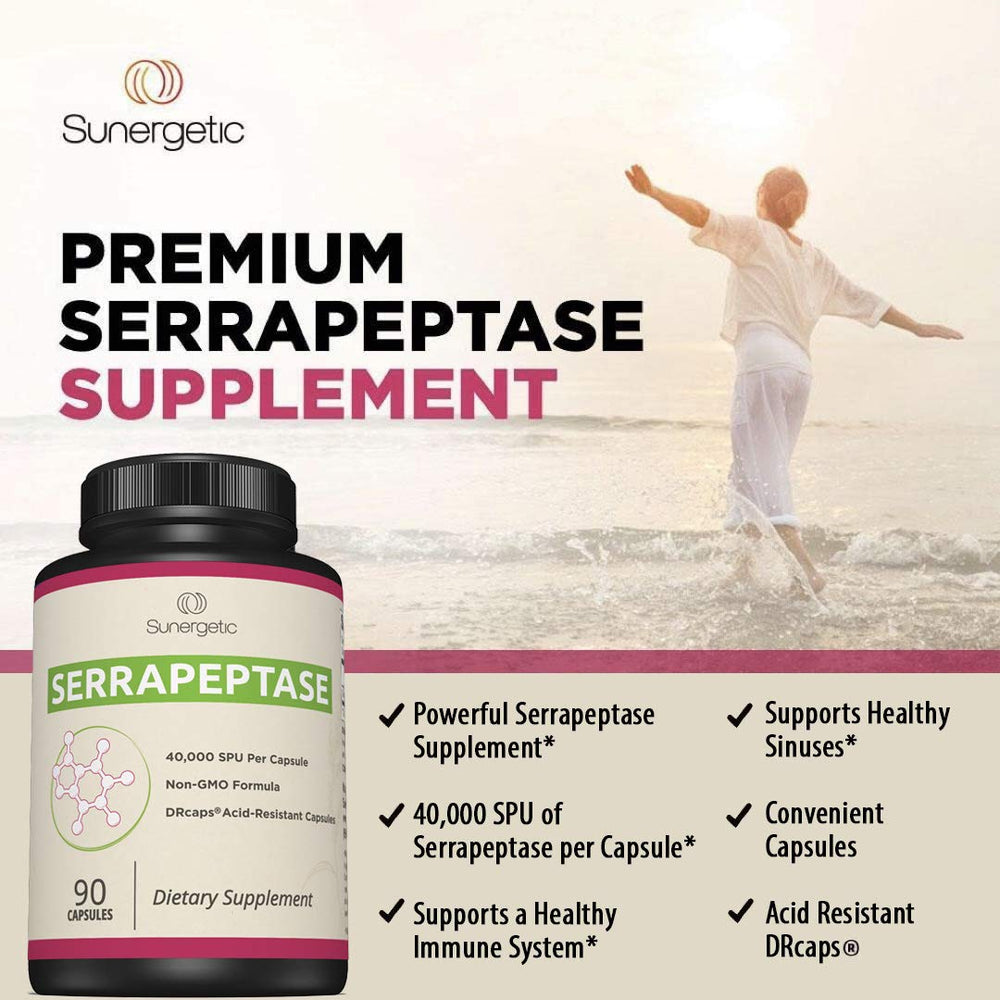 Sunergetic Serrapeptase label highlighting DRcaps technology.