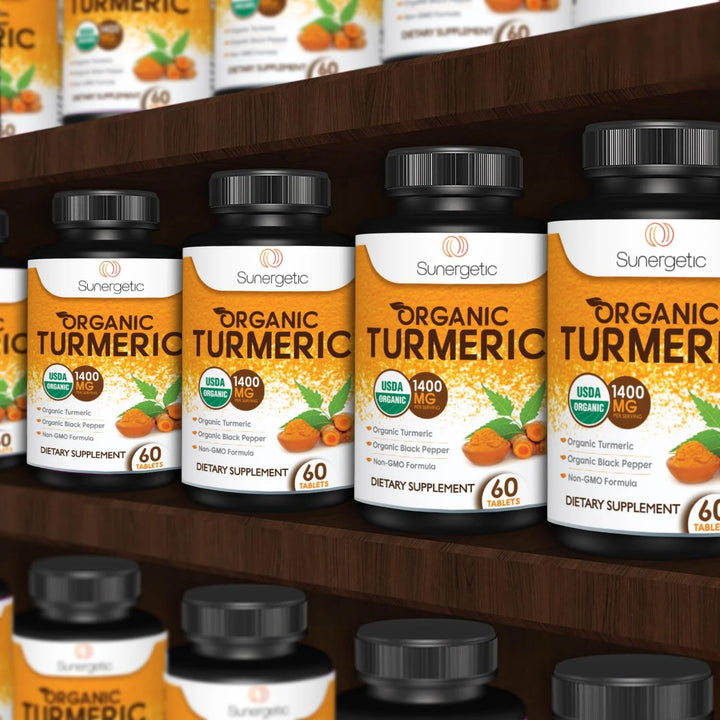 Sunergetic turmeric bottle packaging demonstrates gluten-free and dairy-free formulation