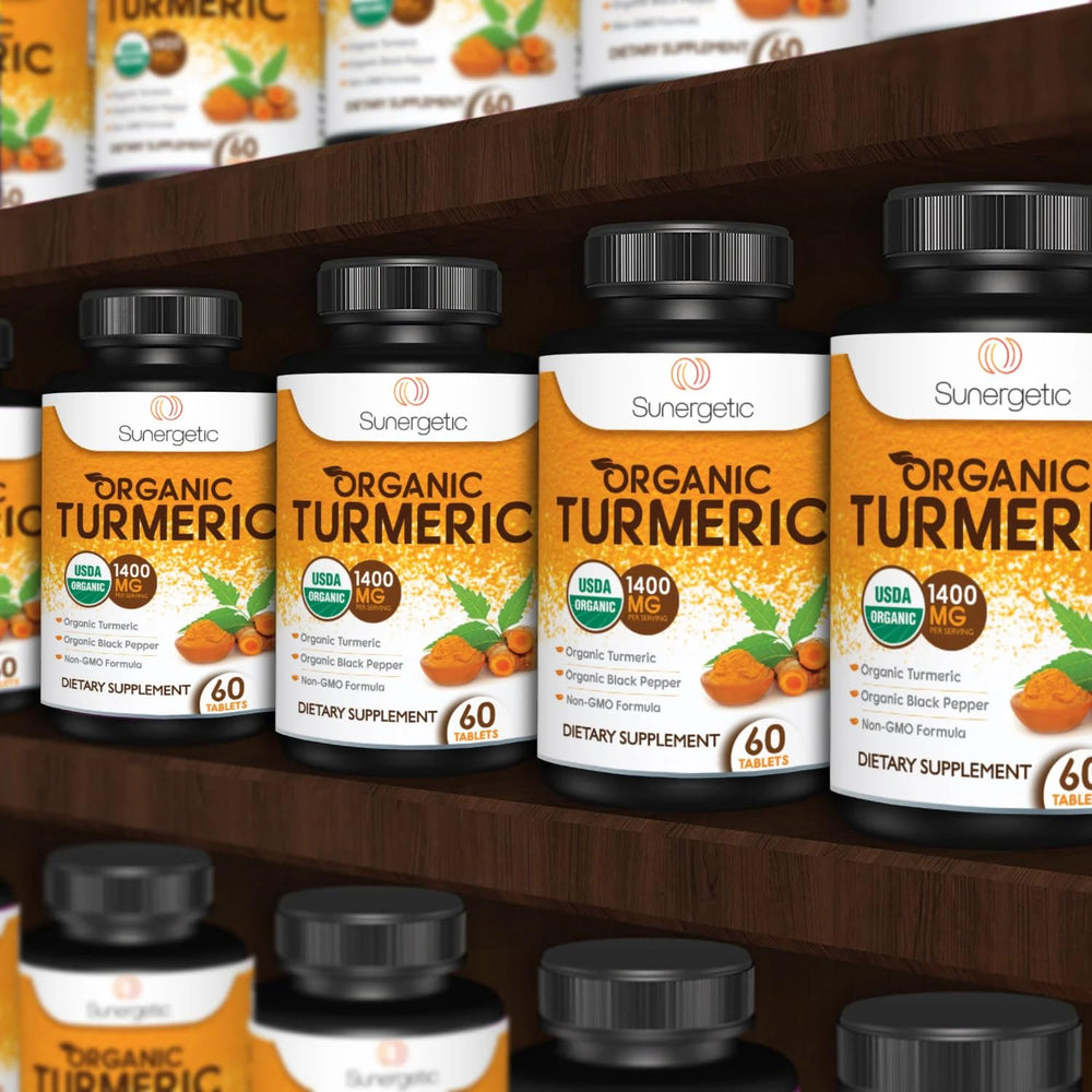 Sunergetic turmeric bottle packaging demonstrates gluten-free and dairy-free formulation