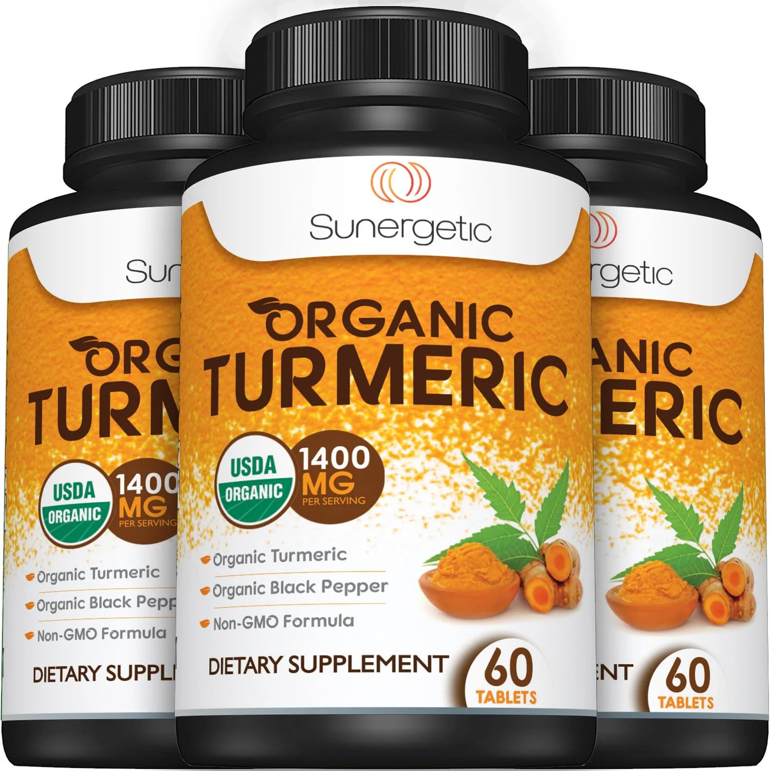 Sunergetic turmeric bottle with label emphasizes a 60-count supply