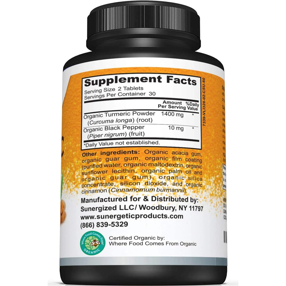 Sunergetic turmeric supplement bottle label close-up with turmeric and pepper