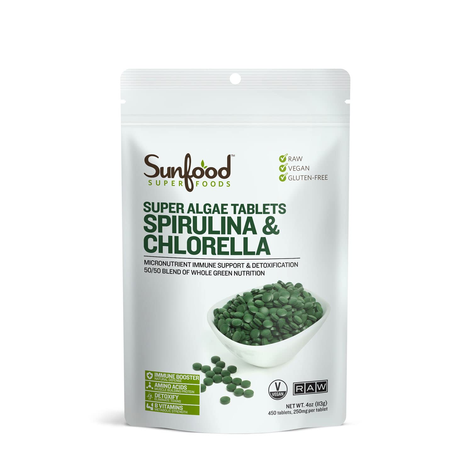 Sunfood Chlorella Spirulina tablets bottle with label; convenient daily green nutrition