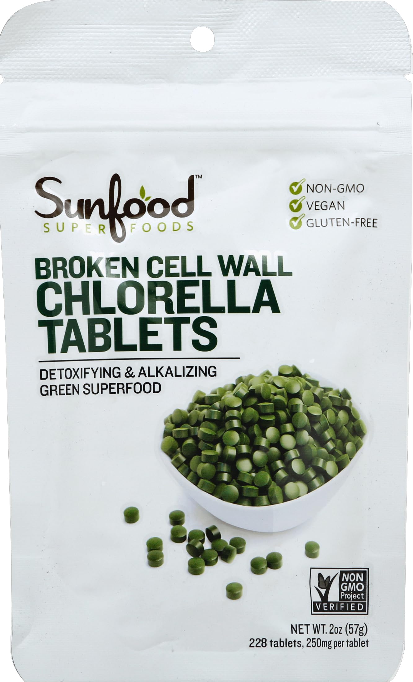 Sunfood Chlorella tablets in bottle with broken cell wall for enhanced absorption and antioxidant support
