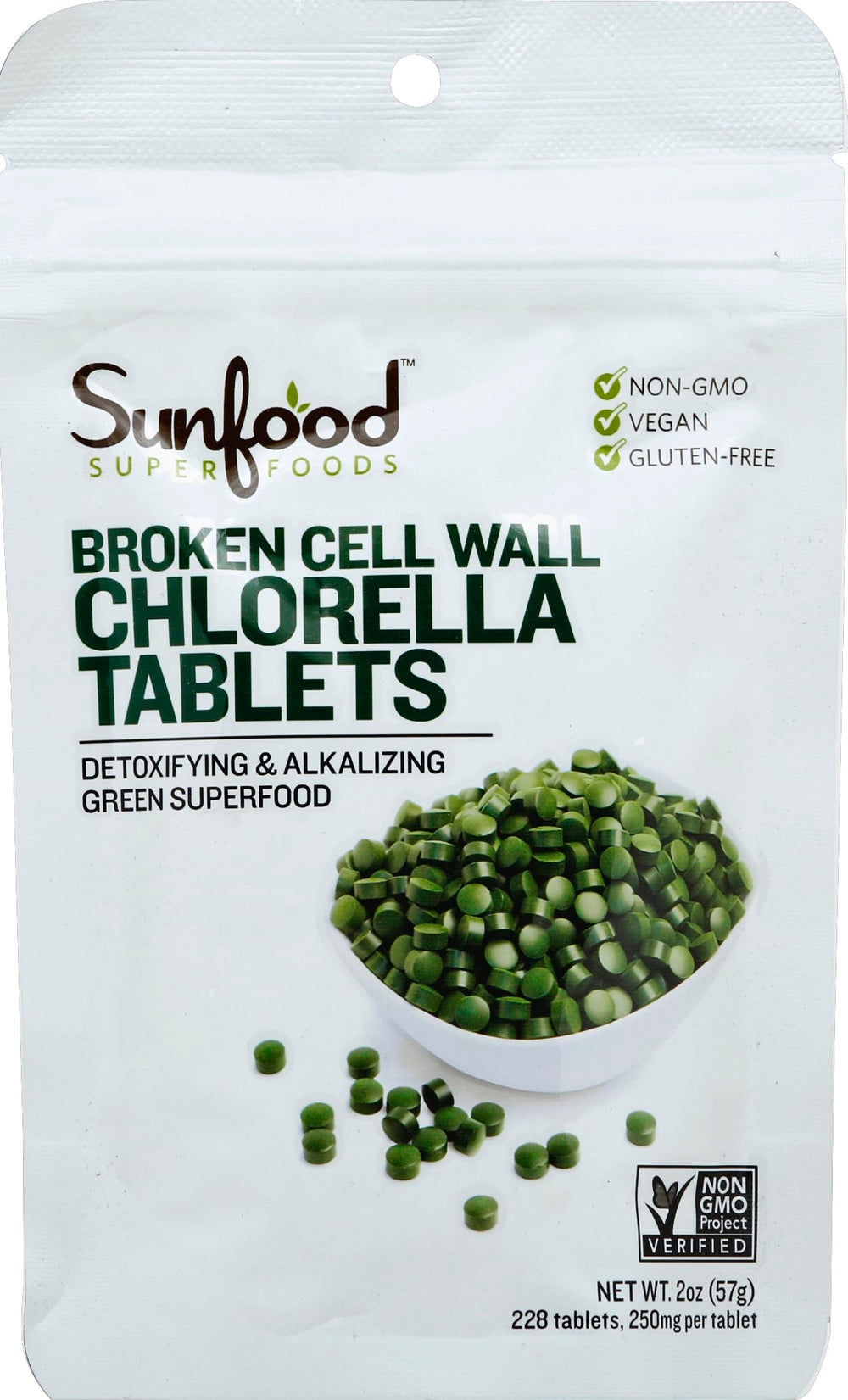Sunfood Chlorella tablets in bottle with broken cell wall for enhanced absorption and antioxidant support