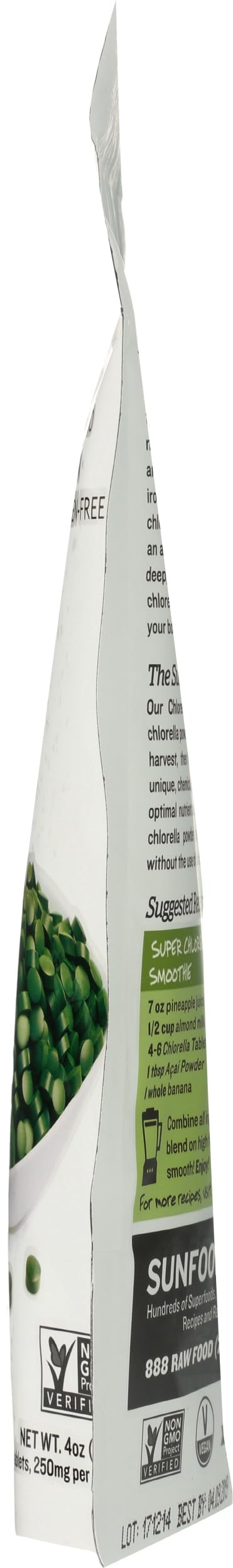 Sunfood Chlorella tablets indoor-grown seal: purity from controlled environments.