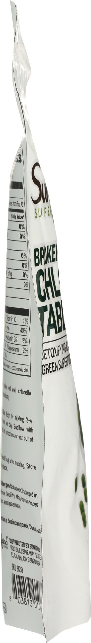 Sunfood Chlorella tablets label seal: hexane-free, cell-wall breaking processing for absorption.