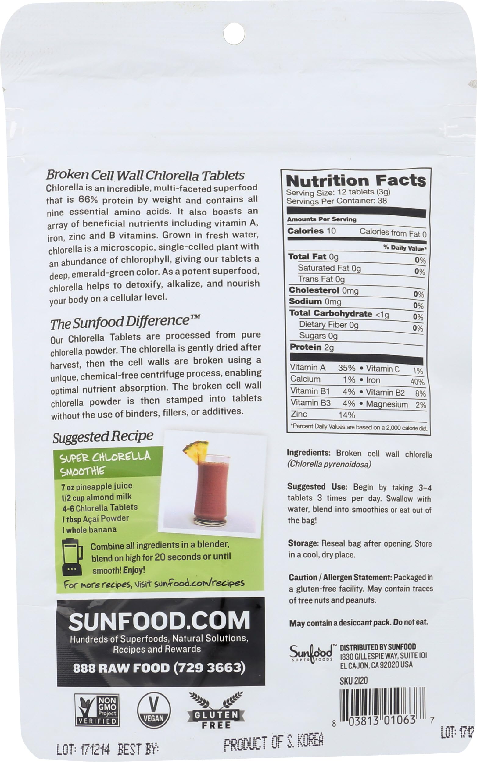 Sunfood Chlorella tablets being poured: easy daily dose for routine use.