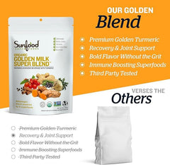 Sunfood Golden Milk Super Blend ginger-dusted swirl invites cozy beverages