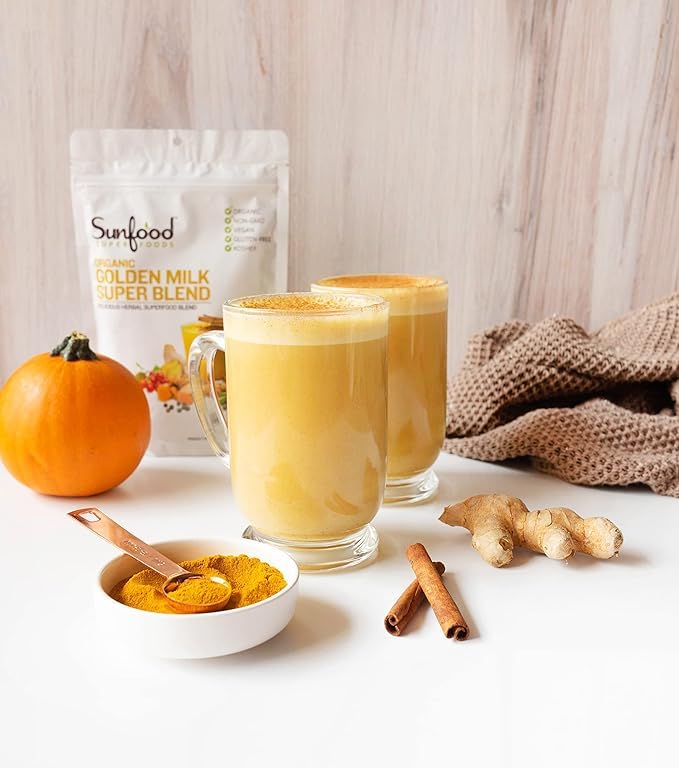Sunfood Golden Milk Super Blend maca-cinnamon-cardamom mix elevates latte ritual