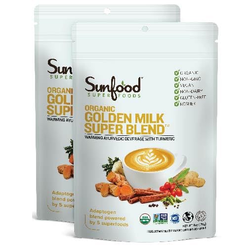 Sunfood Golden Milk Super Blend bag front shows premium organic turmeric blend
