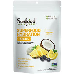 Sunfood Hydration Focus coconut water powder bag highlighting electrolyte blend for on-the-go hydration