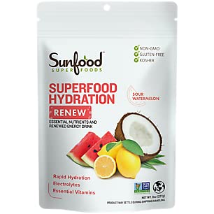 Sunfood Hydration Renew bottle close-up highlighting coconut water blend for refreshing hydration