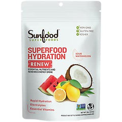 Sunfood Hydration Renew bottle close-up highlighting coconut water blend for refreshing hydration