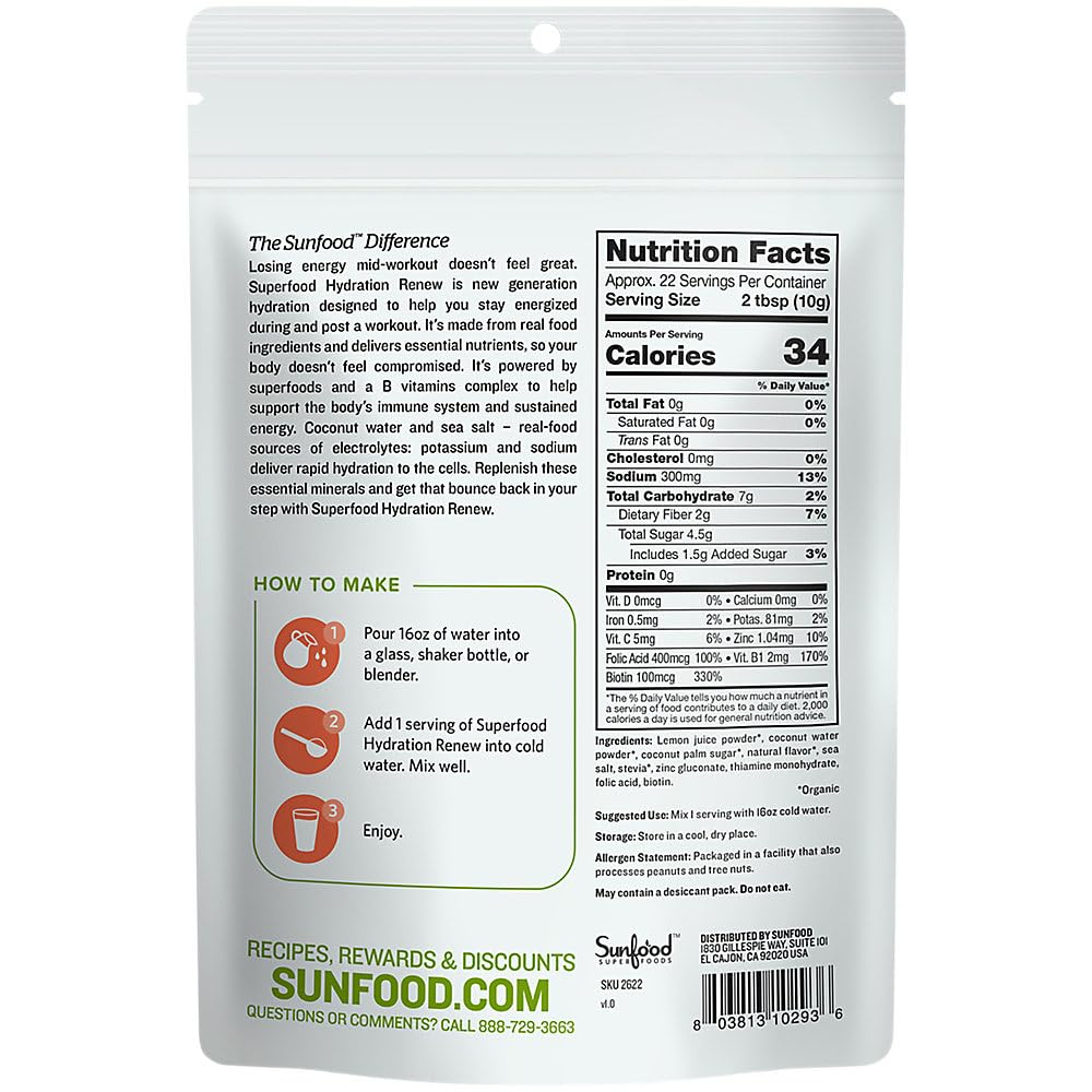 Sunfood Hydration Renew powder pack highlighting organic electrolytes and lemon flavor