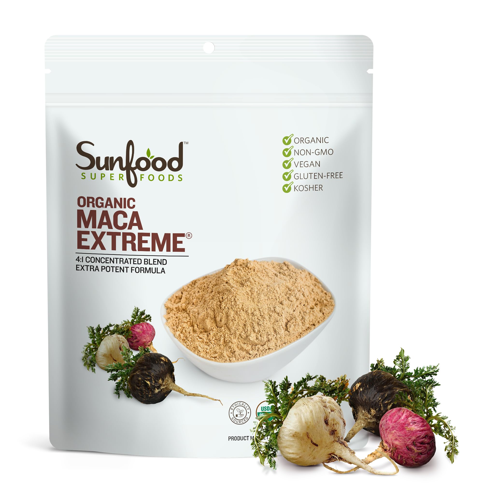 Sunfood Maca Extreme 8oz bag front, premium maca powder for daily vitality