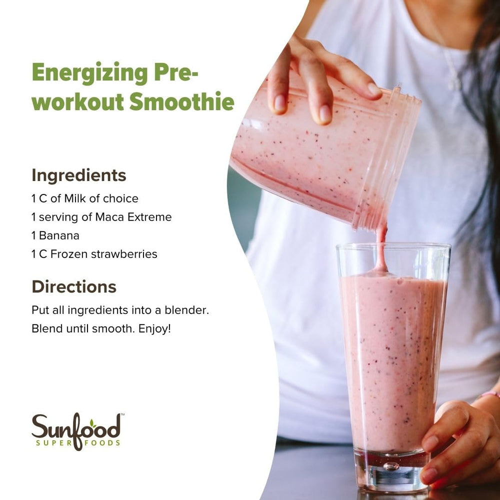 Pouring Sunfood Maca Extreme into a drink for a balanced routine