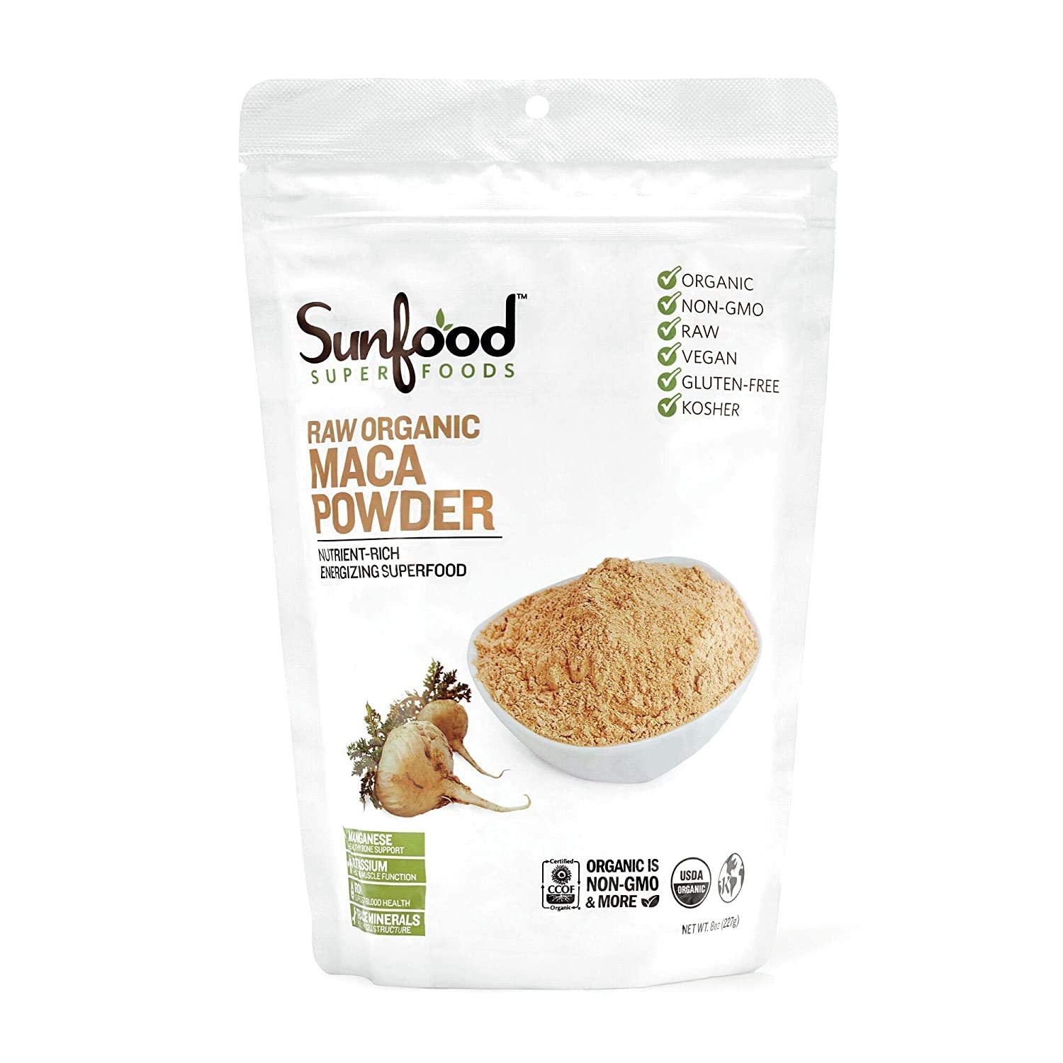 Sunfood Maca Powder frente al empaque: origen peruano y calidad orgánica