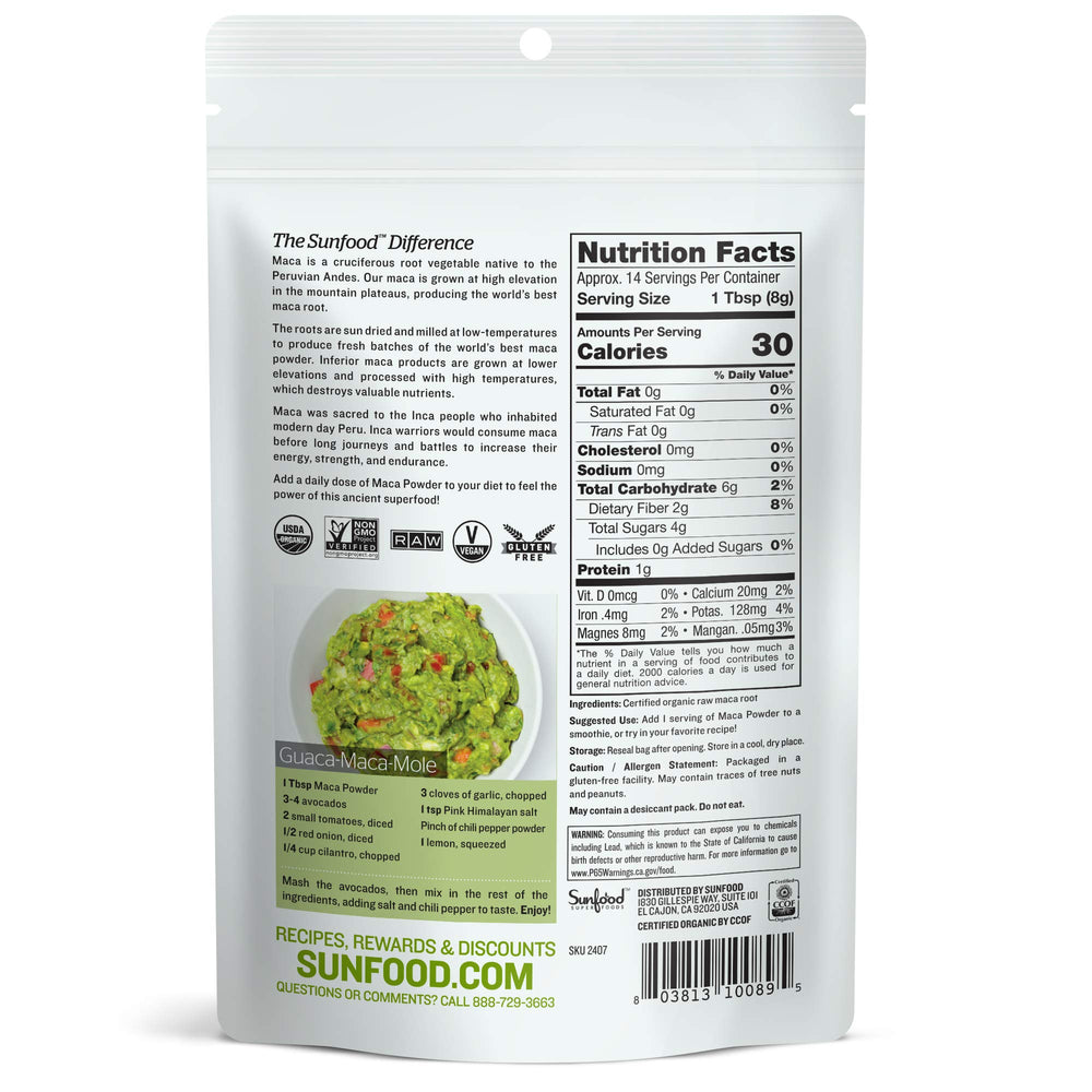 Sunfood Maca Powder scoop with powder, convenient addition to smoothies and beverages