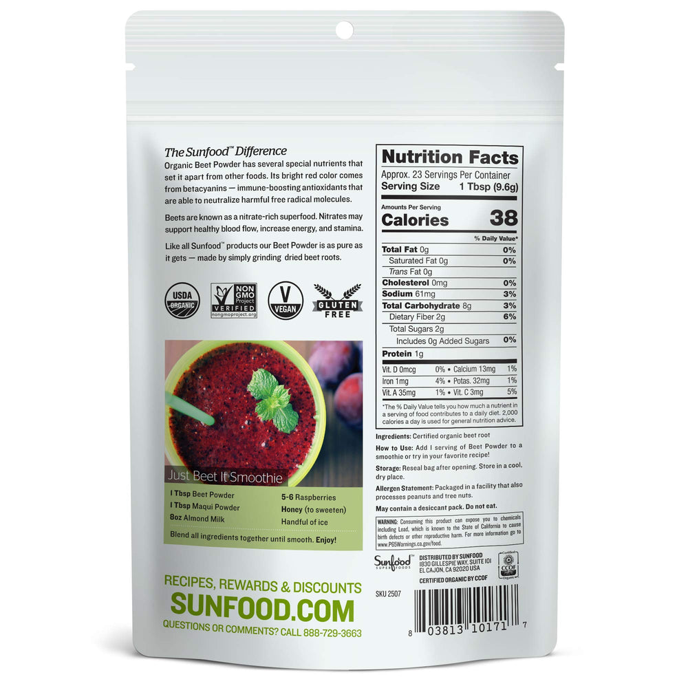 Sunfood Polvo de Remolacha Orgánico, bote robusto, sabor terroso para smoothies
