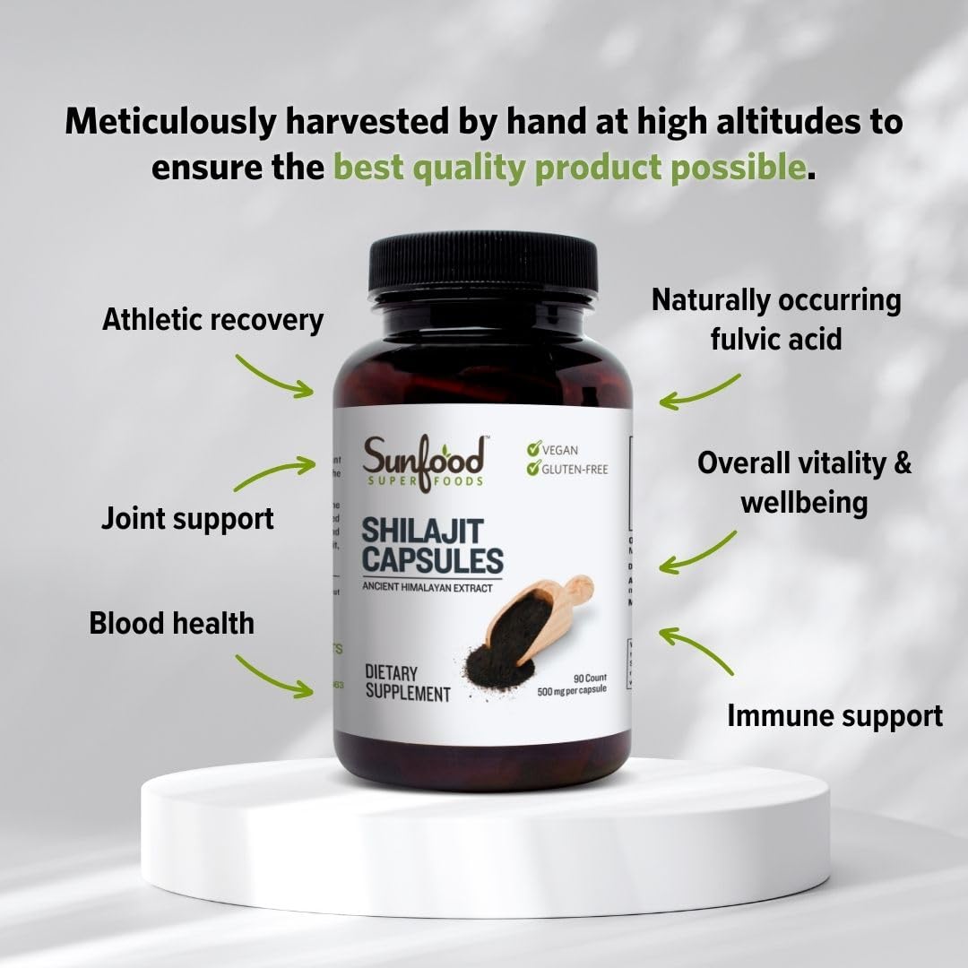 Sunfood Shilajit Capsules with measuring spoon, illustrating high-altitude harvest purity and mineral content.