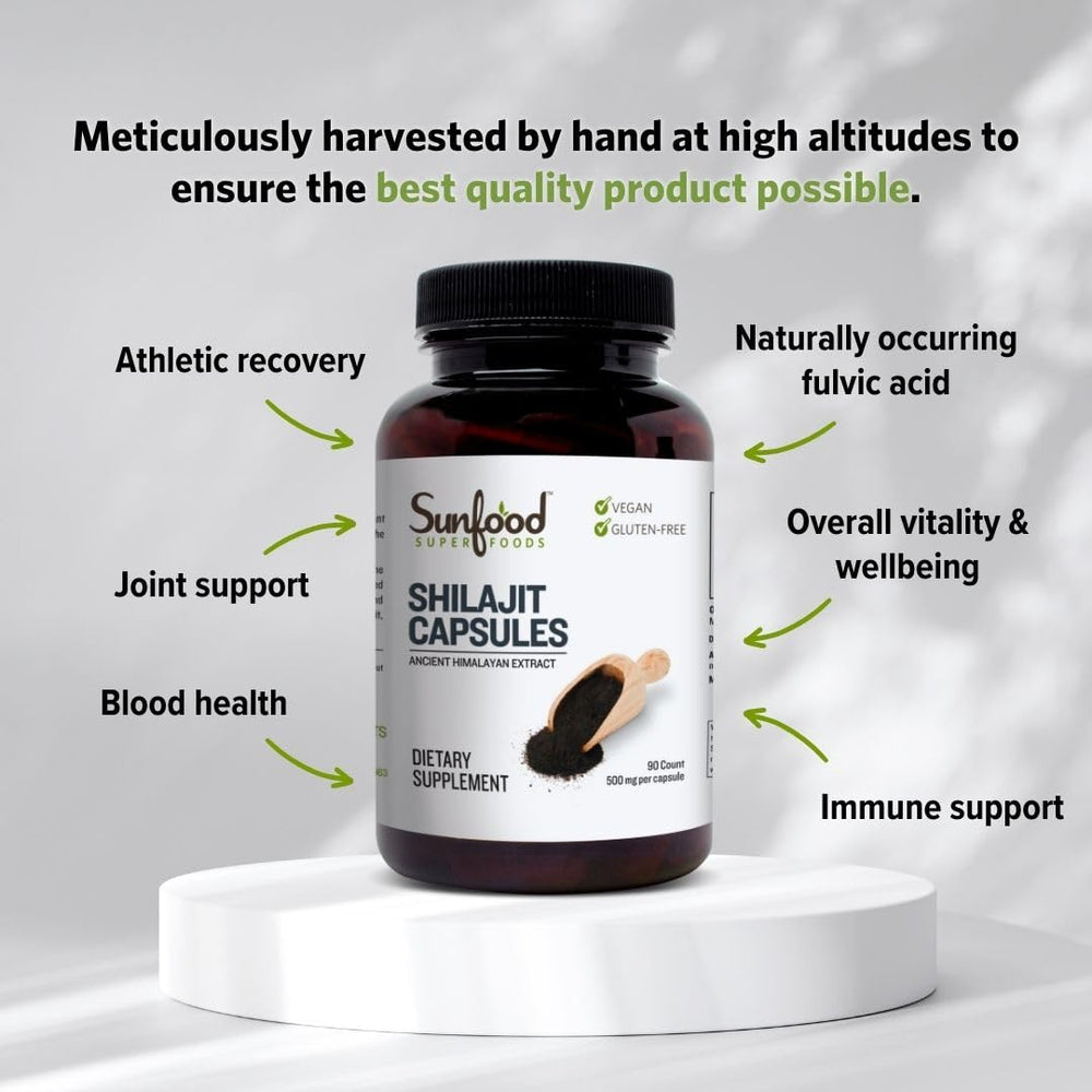 Sunfood Shilajit Capsules with measuring spoon, illustrating high-altitude harvest purity and mineral content.