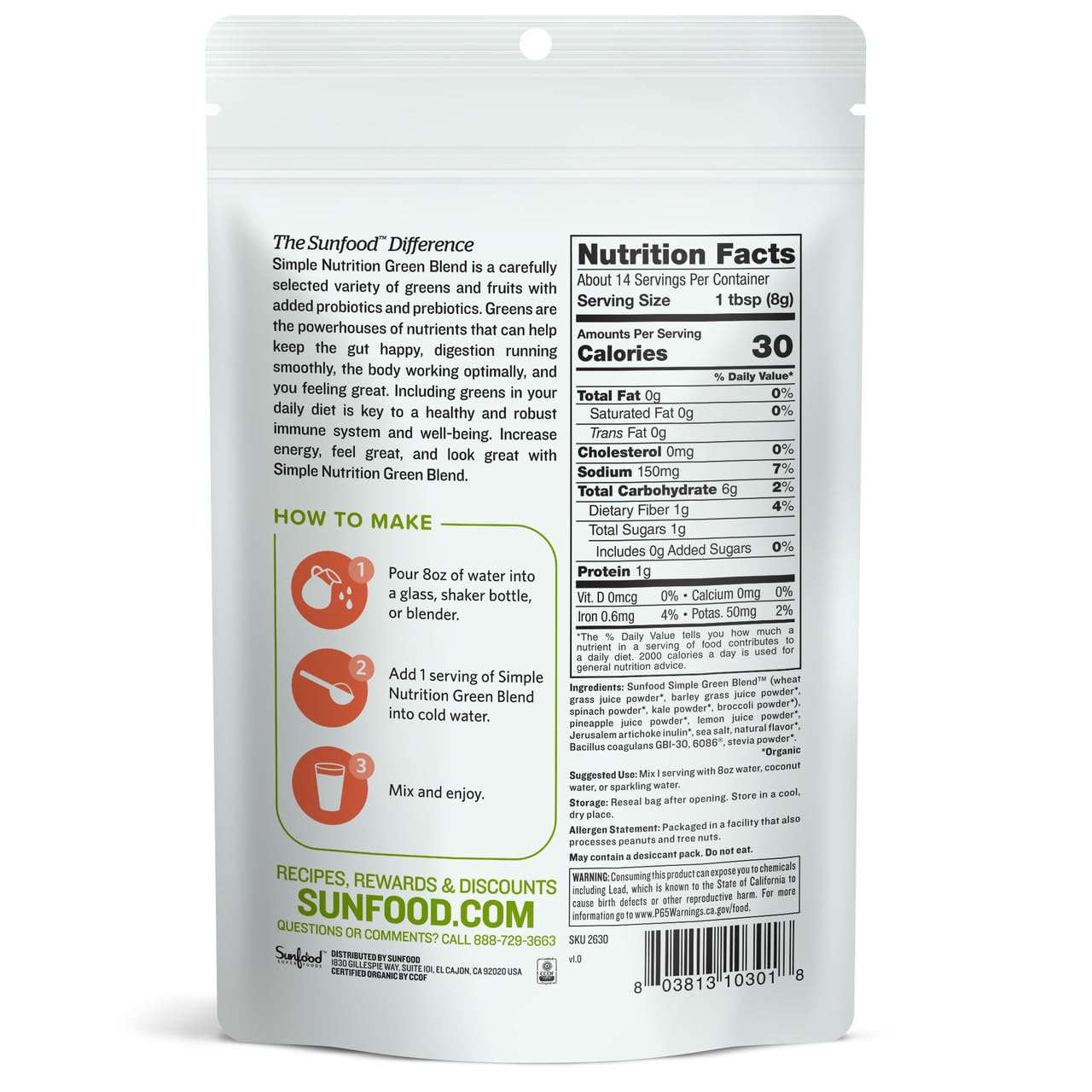 Sunfood Simple Nutrition Green Blend 4 oz bag, powdered greens for boosting energy and gut health.