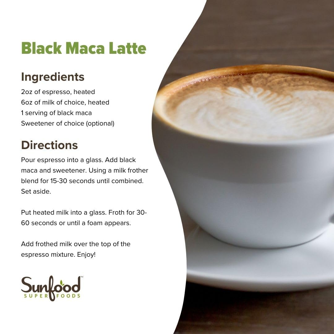 Sunfood Superfoods Black Maca powder being poured into a glass for a smoothie.
