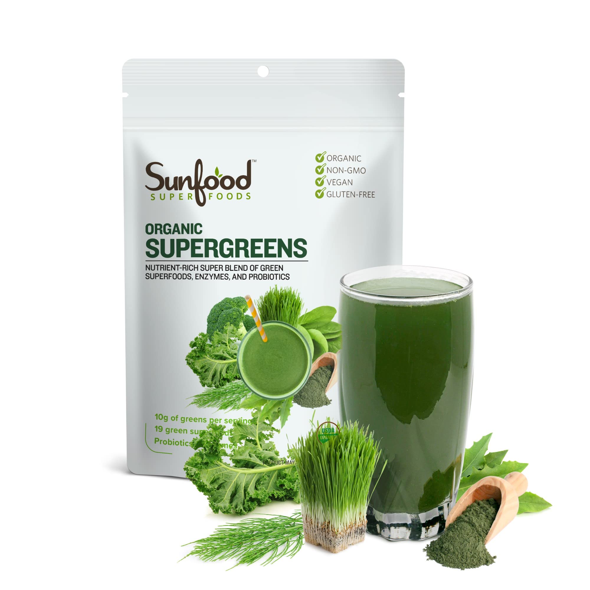 Sunfood Supergreens bag packaging showcasing convenient daily greens for balanced nutrition.