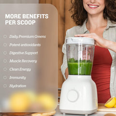 Sunfood Supergreens & Protein image showing spirulina and chlorella powder, supports balanced nutrition.