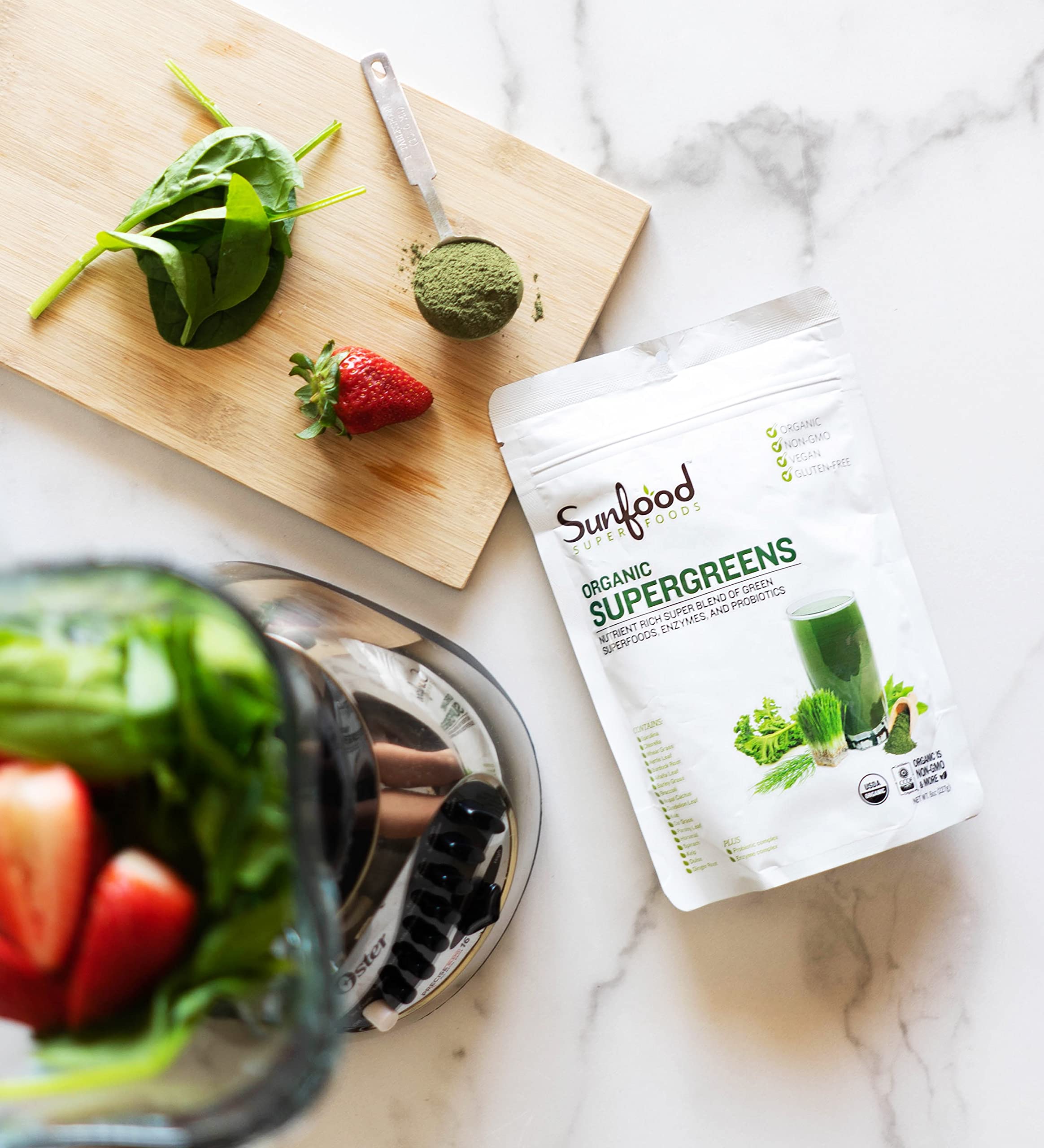 Sunfood Supergreens powder close-up highlighting vibrant greens and quality.
