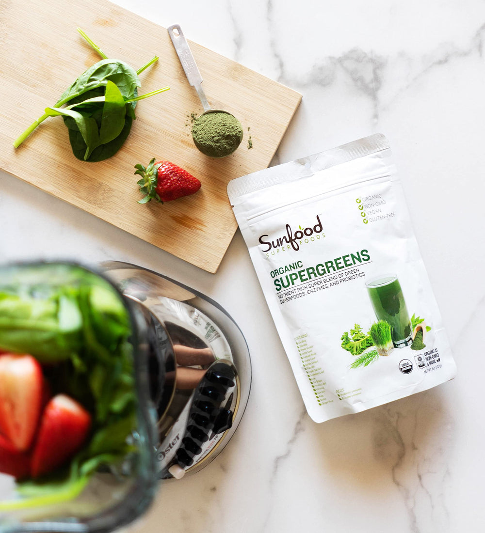 Sunfood Supergreens powder close-up highlighting vibrant greens and quality.