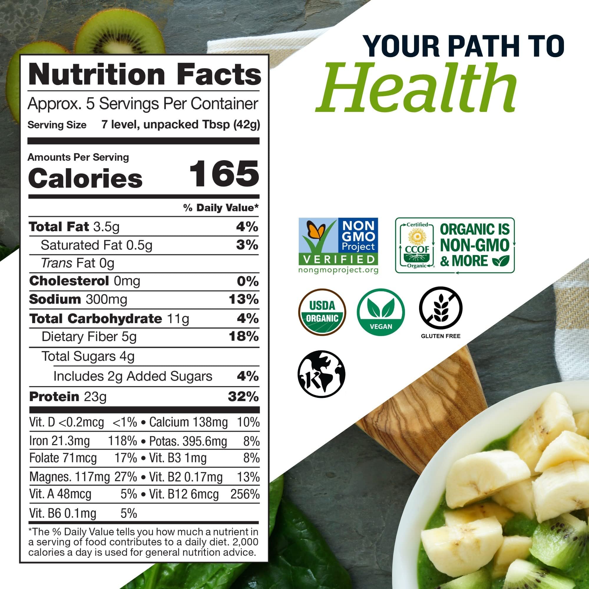Sunfood Supergreens & Protein bottle with greens background, rich vegan protein for everyday meals.