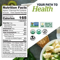 Sunfood Supergreens & Protein bottle with greens background, rich vegan protein for everyday meals.